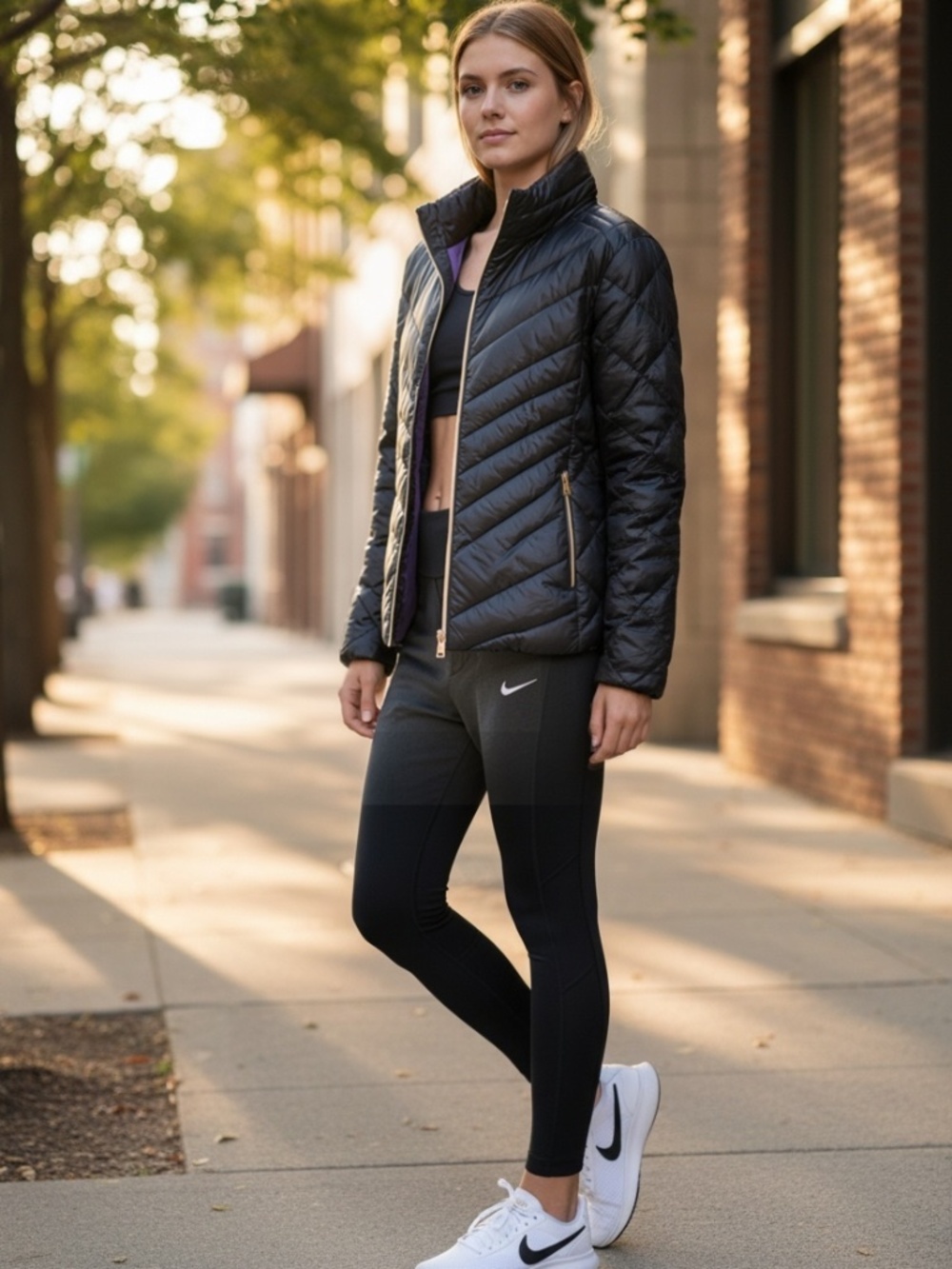 bebe Black Puffer Jacket W Hidden Hood Sz Lg Outer Shell Material:Nylon/Poly